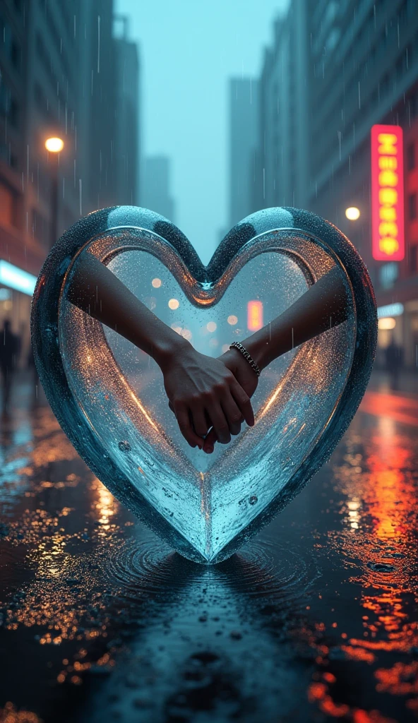 Rain landscape、City、3D glass open heart、Neon color、In the glass heart, there are arms holding hands、Fantasy、romantic、high resolution、Wide angle、distinct、Real、vivid、beautiful、masterpiece、Light and shadow details、The water is clear and shiny、The water faithfully reflects the scenery、