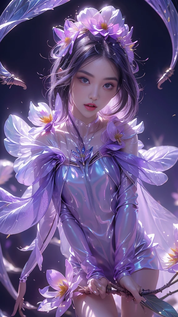 8k, masterpiece, 1 girl, beautiful face, very long hair, light makeup, (glossy skin:1.5), detailed eyes, detailed lips, small bust, short clothing, dragonfly, ((purple dragonfly clothing)), ((flowing cape)), light clothing, (flower falling:1.5), god rays, depth of field, ray tracing,