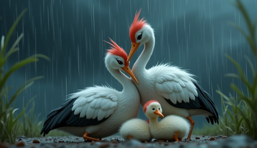 In 3D animation.How do the crane parents comfort their children during the storm?