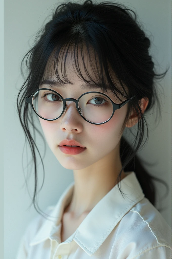 Girl with black hair, white skin color, glasses, white shirt