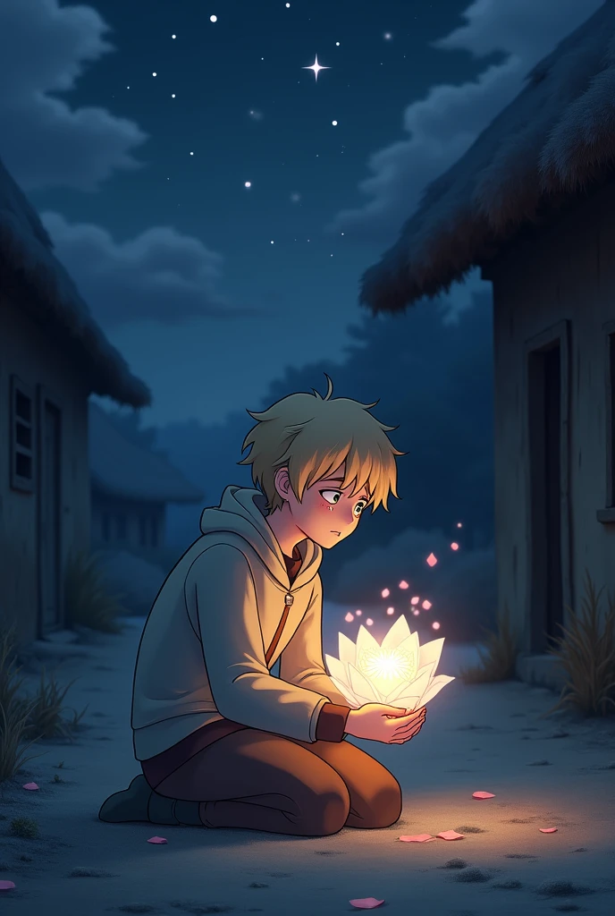 - The setting should be a village, with a soft and melancholic atmosphere. There may be a simple background to keep the focus on Lel and the flower. - Place the magical flower in a prominent place in Lel's hands or next to him. The flower should have an ethereal glow or soft aura to symbolize the presence of Snegurochka's soul. - Place Lel in the center of the image, with an expression of deep sadness and tears in his eyes. He should be holding the flower carefully, perhaps kneeling or sitting in a quiet place, to convey his mourning. - Lel's facial expression should capture the pain and love he feels for the loss of Snegurochka. Details such as tears and a posture of desolation can intensify the emotional impact. - Use soft, diffuse lighting to create a sense of serenity and sadness. The light can come from a low source, such as a moon or a soft light, which illuminates Lel and the flower, creating a calm and reflective environment. - Add subtle details to the scene, such as fallen flower petals, a starry sky, or light clouds, to reinforce the melancholy tone and sense of loss. - Include elements that convey depth to the scene, such as a soft glow around the flower or a small symbol of hope in the background, to represent the eternal memory of Snegurochka. These elements will help capture the moment of mourning and the deep emotional connection between Lel and the flower that represents Snegurochka.