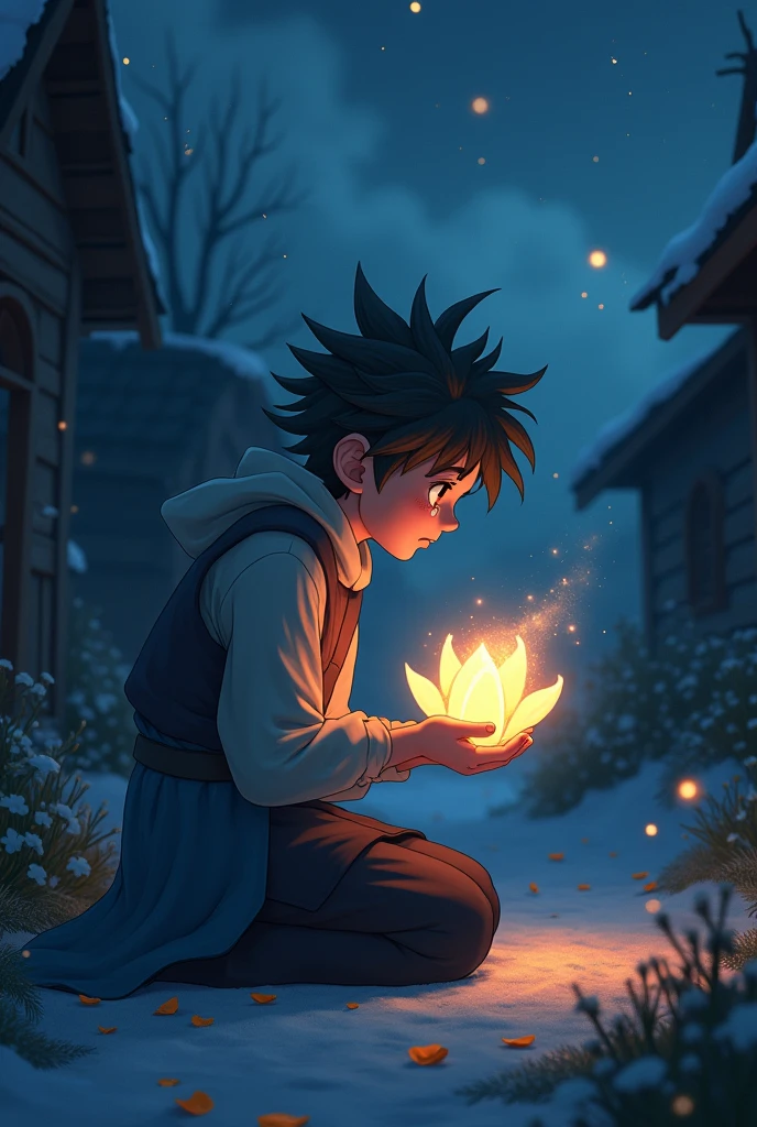 - The setting should be a village, with a soft and melancholic atmosphere. There may be a simple background to keep the focus on Lel and the flower. - Place the magical flower in a prominent place in Lel's hands or next to him. The flower should have an ethereal glow or soft aura to symbolize the presence of Snegurochka's soul. - Place Lel in the center of the image, with an expression of deep sadness and tears in his eyes. He should be holding the flower carefully, perhaps kneeling or sitting in a quiet place, to convey his mourning. - Lel's facial expression should capture the pain and love he feels for the loss of Snegurochka. Details such as tears and a posture of desolation can intensify the emotional impact. - Use soft, diffuse lighting to create a sense of serenity and sadness. The light can come from a low source, such as a moon or a soft light, which illuminates Lel and the flower, creating a calm and reflective environment. - Add subtle details to the scene, such as fallen flower petals, a starry sky, or light clouds, to reinforce the melancholy tone and sense of loss. - Include elements that convey depth to the scene, such as a soft glow around the flower or a small symbol of hope in the background, to represent the eternal memory of Snegurochka. These elements will help capture the moment of mourning and the deep emotional connection between Lel and the flower that represents Snegurochka.