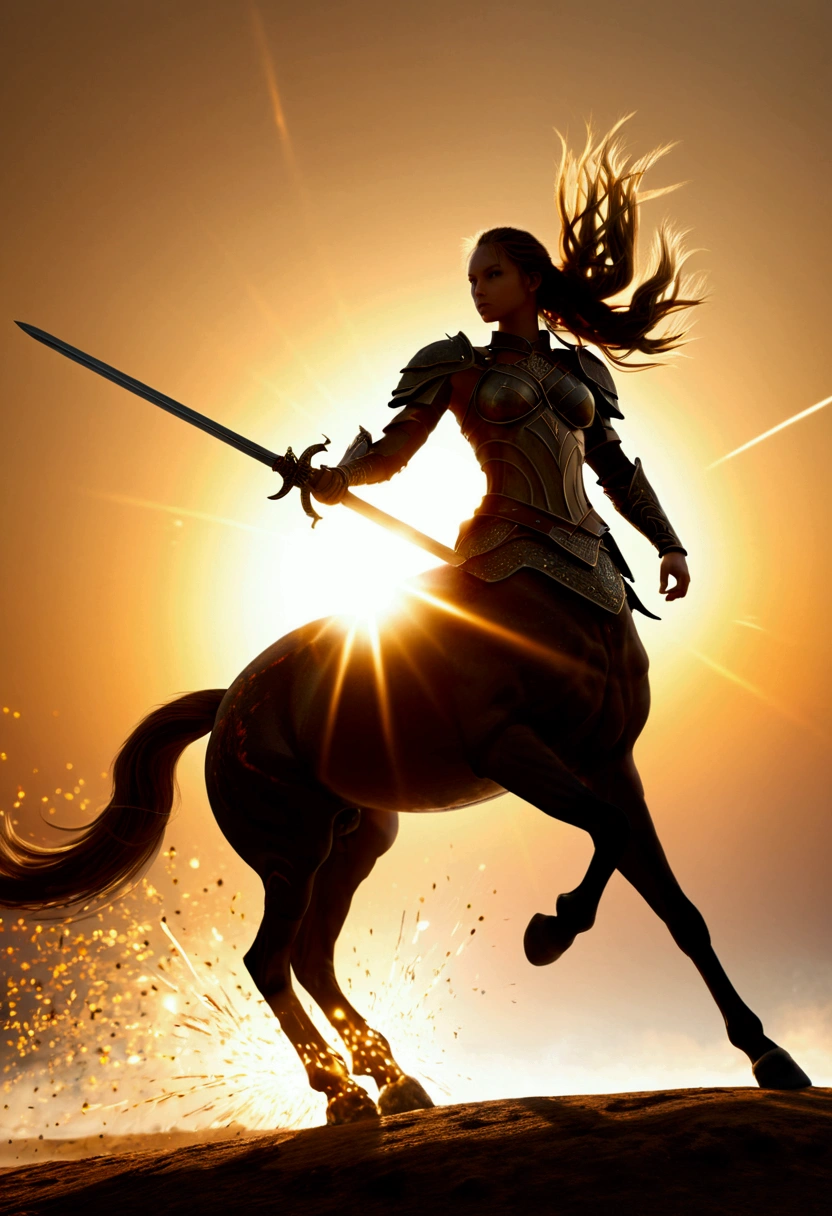 silhouette of a Centaur, Centaur-type warrior, Armor, Bouncing Pose, sword shines, battlefield, sparks, Backlight, (best quality, masterpiece, photorealistic), very aesthetic, perfect composition, intricate details, ultra-detailed, vivid colors