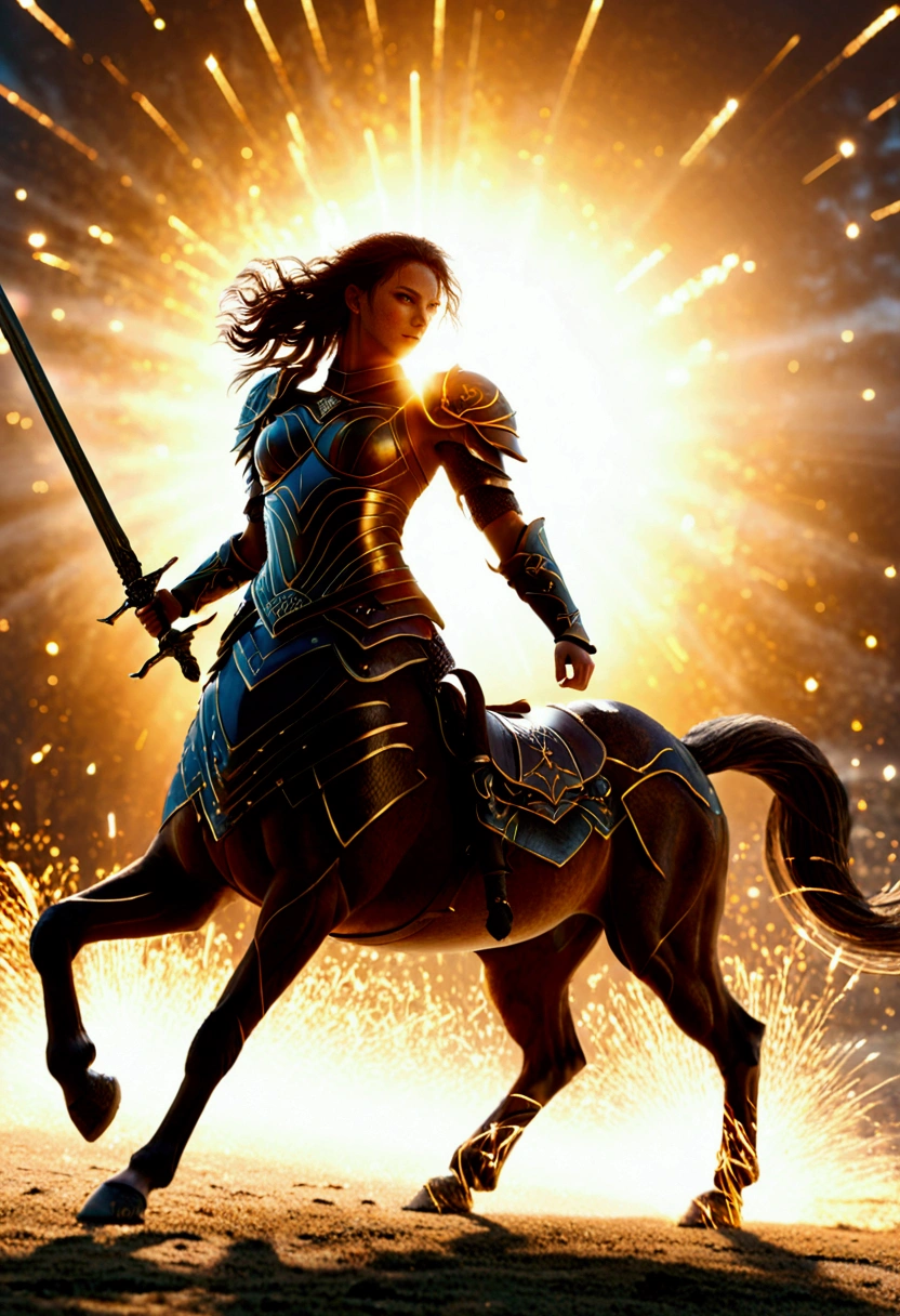 silhouette of a Centaur, Centaur-type warrior, Armor, Bouncing Pose, sword shines, battlefield, sparks, Backlight, (best quality, masterpiece, photorealistic), very aesthetic, perfect composition, intricate details, ultra-detailed, vivid colors