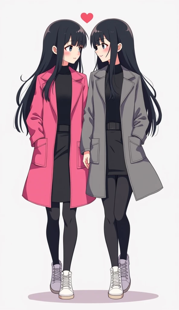 Two young womens long black hair, yuri, same height.
The first young women wear a hot pink coat, The second young women wore a grey coat, they are wearing the black shirt, black pencil skirt, black underpants, long black tights, medium black socks, white sneakers high top, walking, cute eyes, smiled, light grey background, cartoon novel, 4K, HD