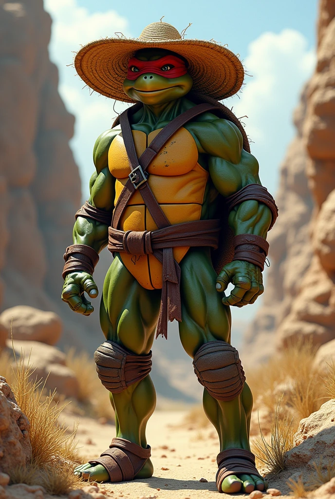 Ninja turtle Rafael in a straw hat in the backlands 