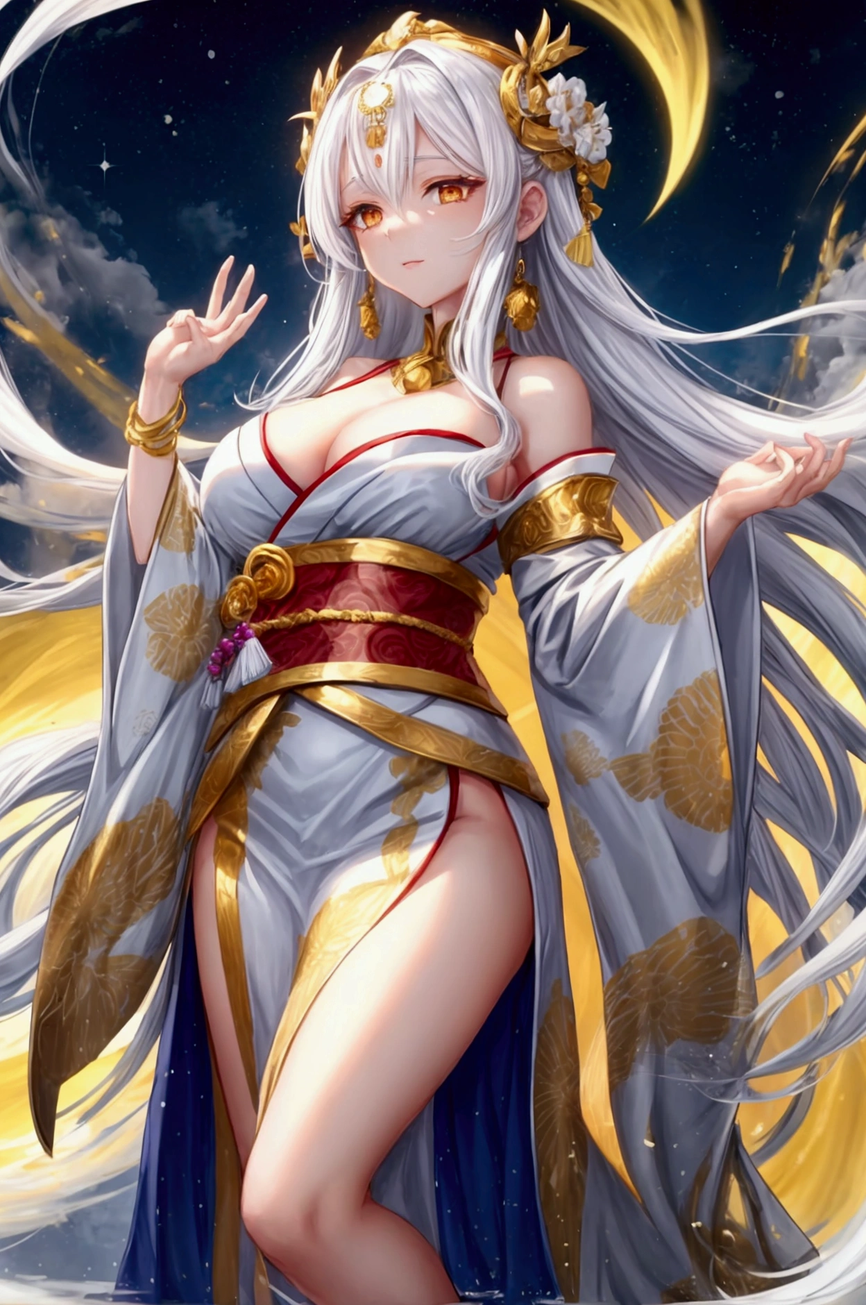 Kami, the Goddess of Order, Life, Creation, Light, and Alpha
Clothes:
Kami wears a traditional white kimono with intricate gold trim that symbolizes purity and divinity. The kimono is designed to highlight her divine figure, with a low neckline that reveals a hint of cleavage and a high slit that exposes her thigh. The sleeves are long and flowing, giving her a graceful and ethereal appearance. The gold accents add a touch of regality, emphasizing her status as the goddess of creation and light.

Appearance:
Kami has long, flowing white hair that cascades down her back in soft waves, shining with a radiant glow. Her golden eyes are warm and inviting, exuding wisdom and kindness. Her skin is fair and flawless, with a soft, heavenly glow that adds to her divine presence. Her lips are painted a deep red, which contrasts beautifully with her pale complexion. Her overall appearance is serene and calming, embodying the essence of order and life.