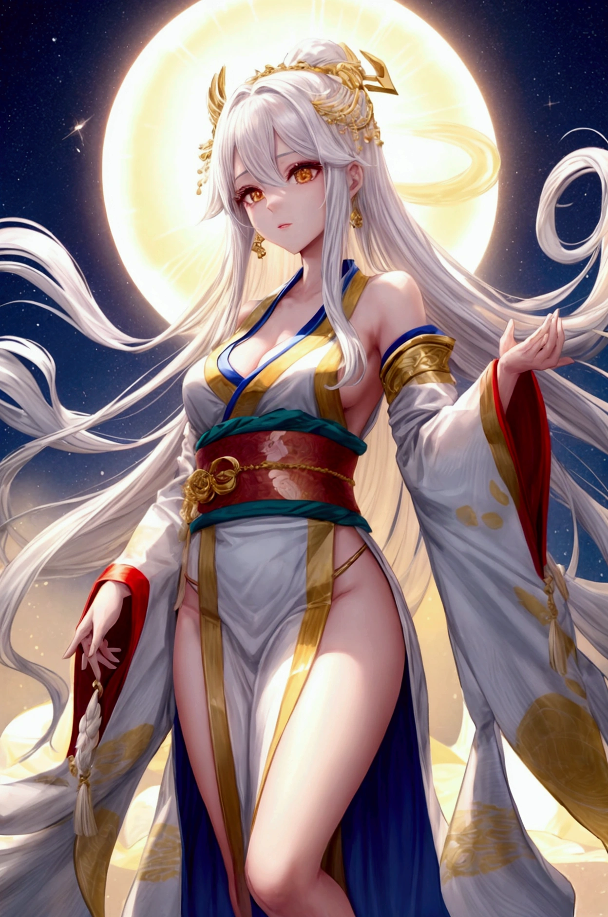 Kami, the Goddess of Order, Life, Creation, Light, and Alpha
Clothes:
Kami wears a traditional white kimono with intricate gold trim that symbolizes purity and divinity. The kimono is designed to highlight her divine figure, with a low neckline that reveals a hint of cleavage and a high slit that exposes her thigh. The sleeves are long and flowing, giving her a graceful and ethereal appearance. The gold accents add a touch of regality, emphasizing her status as the goddess of creation and light.
Appearance:
Kami has long, flowing white hair that cascades down her back in soft waves, shining with a radiant glow. Her golden eyes are warm and inviting, exuding wisdom and kindness. Her skin is fair and flawless, with a soft, heavenly glow that adds to her divine presence. Her lips are painted a deep red, which contrasts beautifully with her pale complexion. Her overall appearance is serene and calming, embodying the essence of order and life.