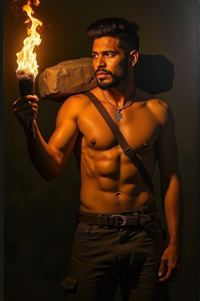 masterpiece, realist, Renaissance, The pipila with a flat stone tied to his back, shirtless, holding a torch, His face lights up with warm tones, high contrast, dark background, Caravaggio 