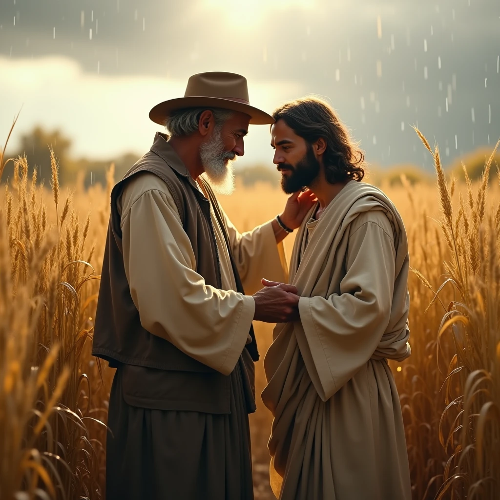 Visualize a serene autumn scene where a farmer stands among rows of tall, golden crops swaying gently in the wind. The sky is overcast, and light raindrops begin to fall. Jesus stands beside the farmer, his hand on the farmer’s shoulder, bringing peace and comfort in the season of waiting.