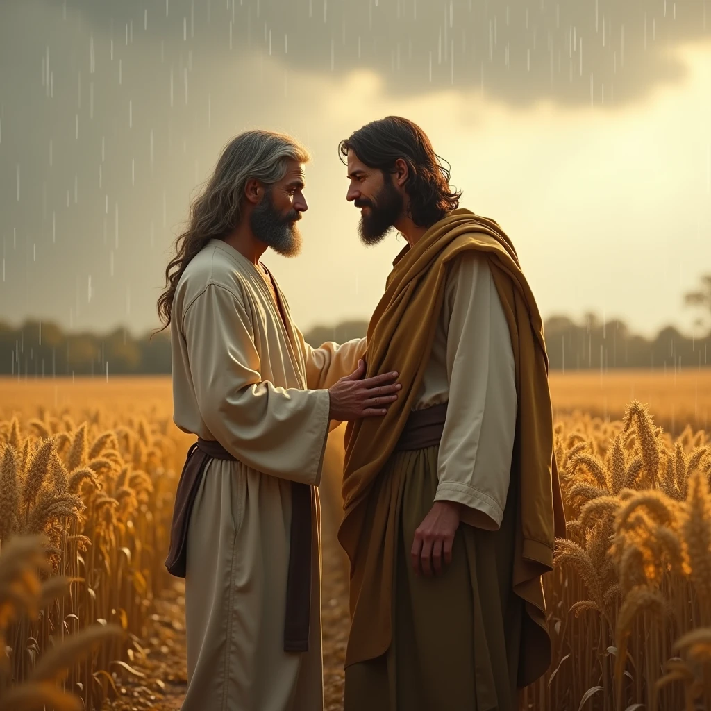 Visualize a serene autumn scene where a farmer stands among rows of tall, golden crops swaying gently in the wind. The sky is overcast, and light raindrops begin to fall. Jesus stands beside the farmer, his hand on the farmer’s shoulder, bringing peace and comfort in the season of waiting.