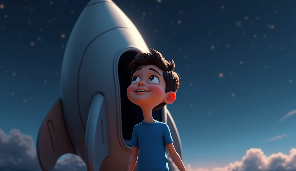 Lucas, a boy in a blue t-shirt, getting off the shiny grey rocket , looking at the sky still in darkness.