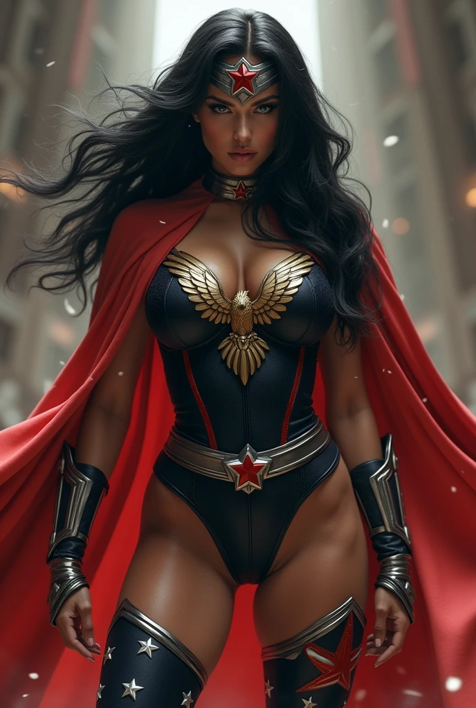 (((Midjourney A beautiful American woman with light eyes and long black hair))),(((On my knees screaming))),(((Wearing a black leather jumpsuit))),(((With tiny scales))),(((Red sleeves falling from her shoulders))),((((Red boots and white stripe in the middle))),(((Long silver-colored metal bracelets fitted to your wrists))),(((Black corset with golden eagle))),(((On his bust))),(((wonder woman))),(((Silver metal diaema with a red star on its front))),(((Suit with lots of tiny little stars))),(((Woman of thick build with muscles in her arms and legs))),