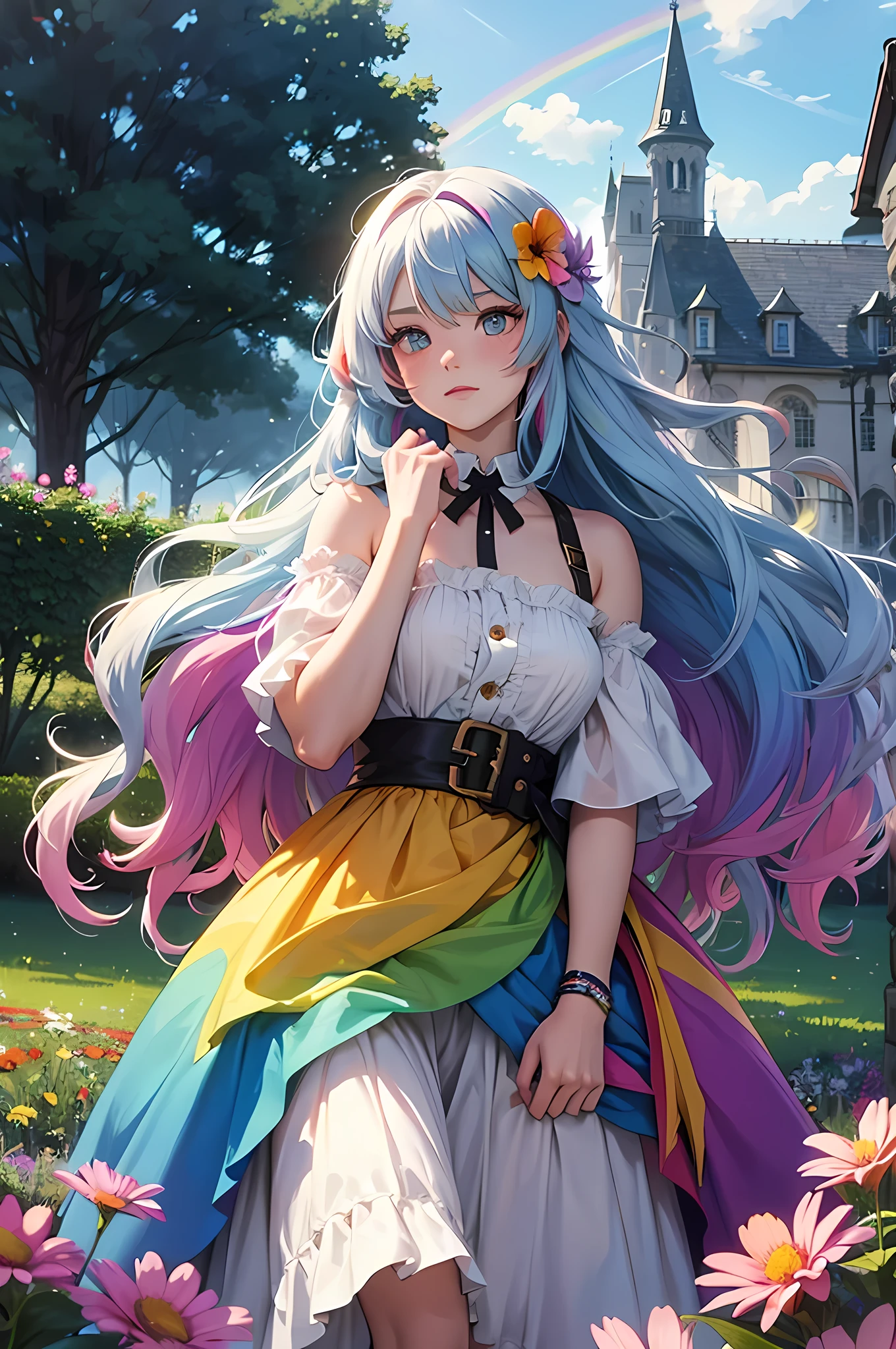 Long-haired rainbow-colored girl, heterochromia, upper body, flower field, big flower, fantasy, castle 