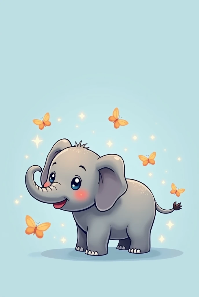 Illustrate a simple sketch of a chibi grey elephant with every little detail defined to enhance the elephant. positioned in a playful pose facing sideways. The elephant's large, expressive eyes sparkle with innocence, and cute little elephant tusks on ots face. Surround it with little butterlys and a blank blue background. evoking a sense of wonder and magic 