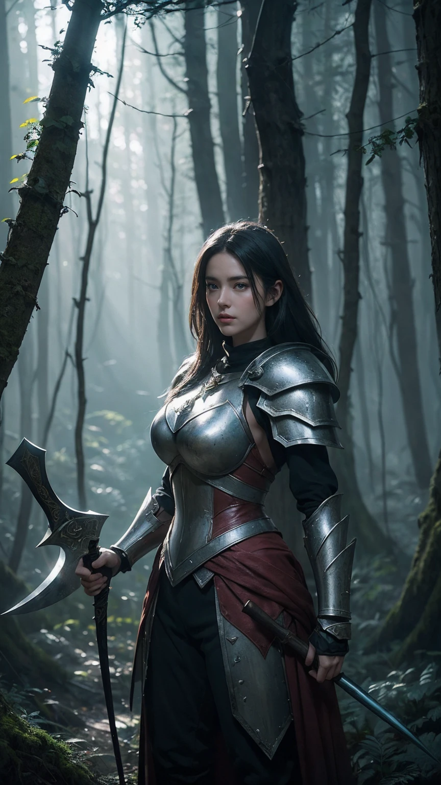 arafed woman in armor with a large axe in a dark forest, concept art inspired by WLOP, Artstation contest winner, fantasy art, 4k fantasy art, 8k fantasy art, elegant cinematic fantasy art, epic fantasy digital art style, fantasy warrior, 3 d render character art 8 k, 4 k detail fantasy, epic fantasy art style hd