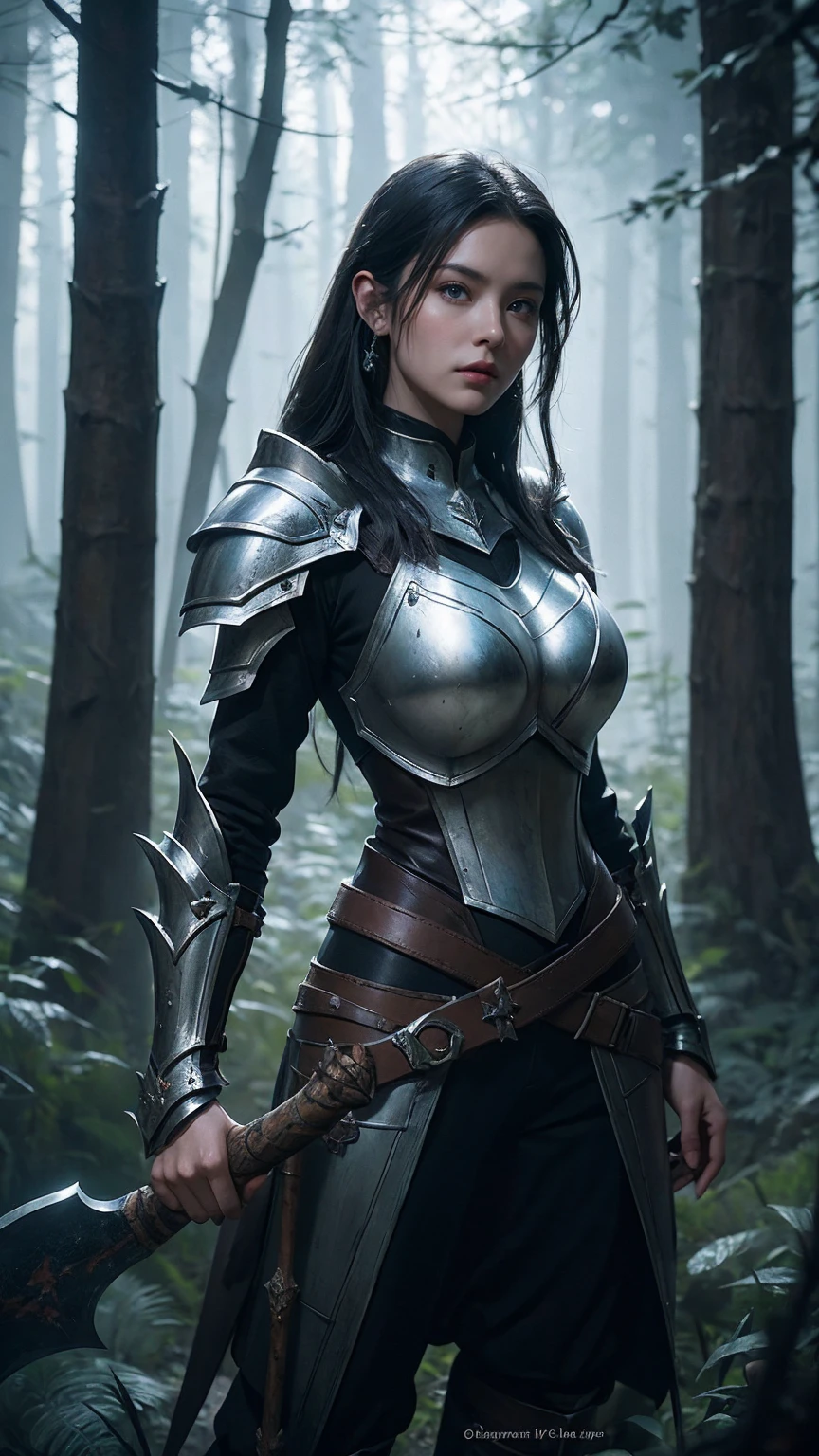 arafed woman in armor with a large axe in a dark forest, concept art inspired by WLOP, Artstation contest winner, fantasy art, 4k fantasy art, 8k fantasy art, elegant cinematic fantasy art, epic fantasy digital art style, fantasy warrior, 3 d render character art 8 k, 4 k detail fantasy, epic fantasy art style hd