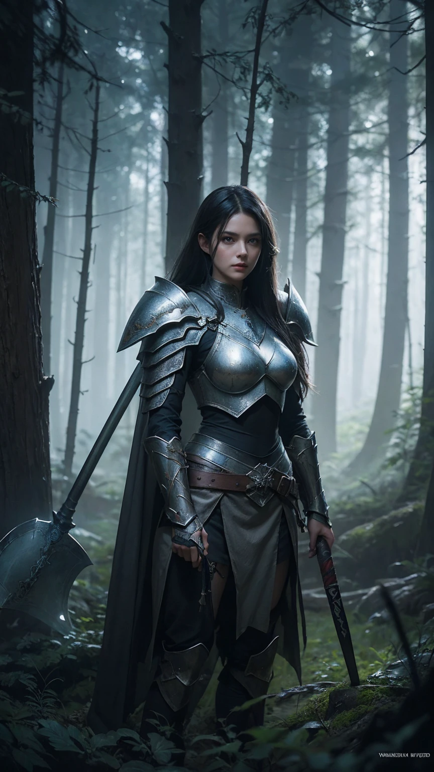 arafed woman in armor with a large axe in a dark forest, concept art inspired by WLOP, Artstation contest winner, fantasy art, 4k fantasy art, 8k fantasy art, elegant cinematic fantasy art, epic fantasy digital art style, fantasy warrior, 3 d render character art 8 k, 4 k detail fantasy, epic fantasy art style hd