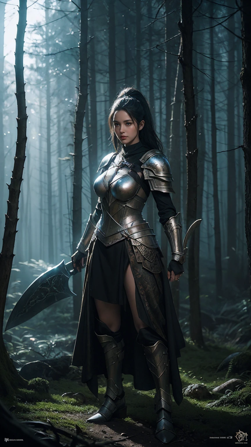 arafed woman in armor with a large axe in a dark forest, concept art inspired by WLOP, Artstation contest winner, fantasy art, 4k fantasy art, 8k fantasy art, elegant cinematic fantasy art, epic fantasy digital art style, fantasy warrior, 3 d render character art 8 k, 4 k detail fantasy, epic fantasy art style hd