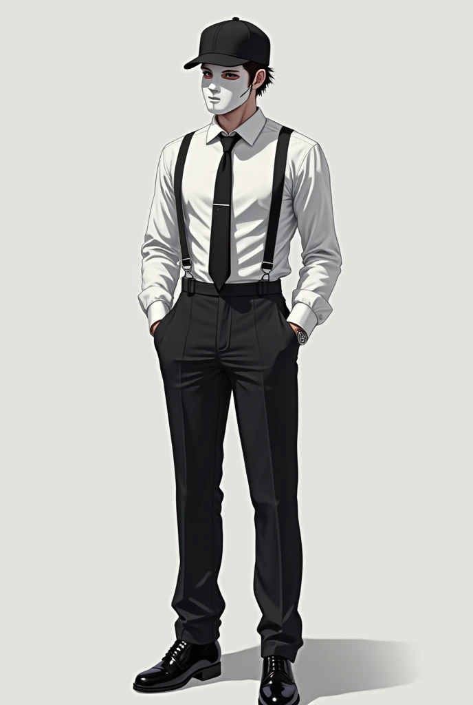 Make a boy who is 175 CM tall, wear a black cap backwards a white dress shirt with black suspenders, with black tie, black dress pants, black dress shoes, and wear a white comedy mask like Ririka Momobami&#39;s. A little more adult 
