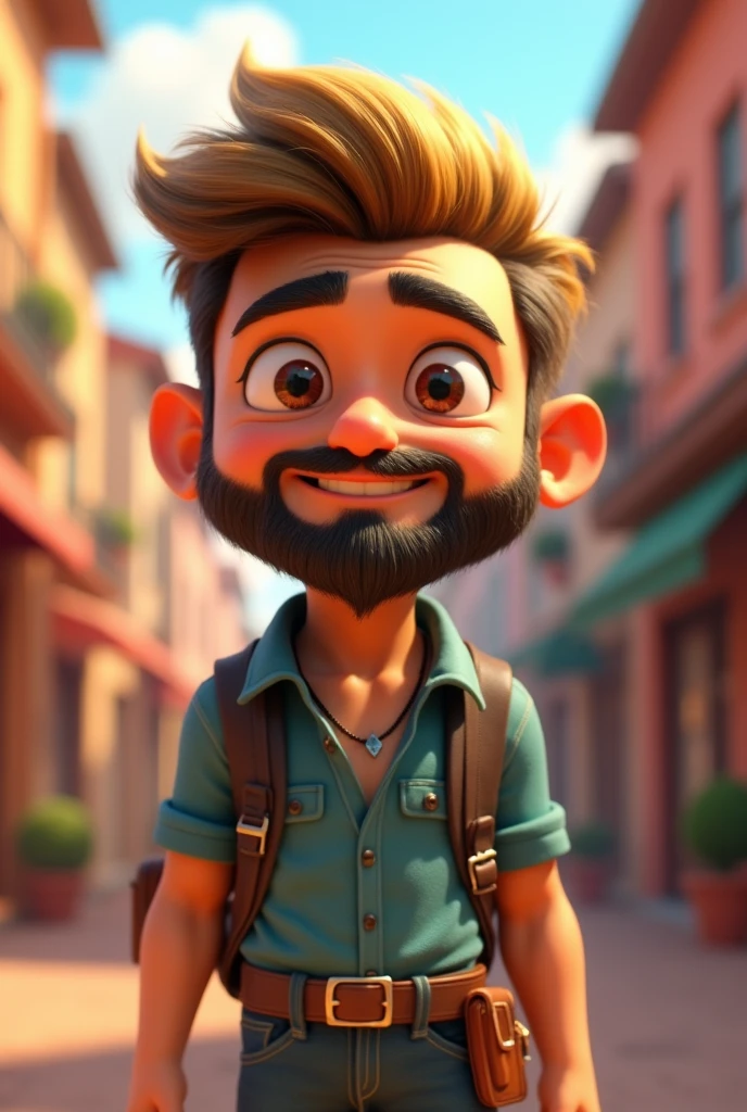 Image of a blond, chestnut hair, black beard eyes for a story in a YouTube video in Pixar format, He's the little alabester, He's the leader of the class, He is extroverted, Playful and stands up for many things