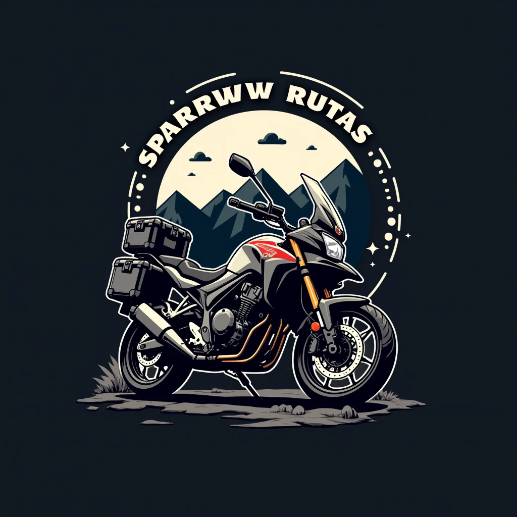 ((Honda NC750X 2016 model year:1.5)) , ((dynamic angle)), ((motorcycle with suitcases)), ((a motorcycle)), (((crear un Logo vectorizado with white border de una moto Honda modelo NC750X))), color dark background, Vectorized style, Logo vector art, Diseño de Logo, simple and clean illustration, Logo, Logo, a circular logo , with white border, dark background, With the name "SPARROW RUTAS" a estilo gammer , mountain and roblox