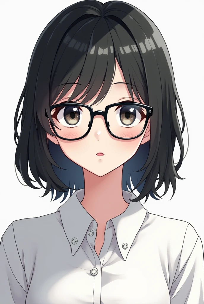 Anime girl with black hair and white skin color with glasses and white shirt
