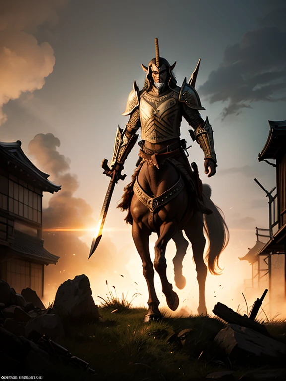 Centaur-type Japanese warrior、Black Armor、Bouncing Pose、Japanese sword shines、battlefield、sparks、inflammation、Backlight、Dark Night、