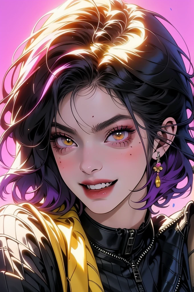 a highly detailed, high resolution, cinematic digital art anime style portrait of a young girl with short purple hair, large breasts, yellow eyes, bright pupils, light smile, anime-inspired makeup, against a Ghibli-esque colorful background, masterpiece, best quality, ultra-detailed