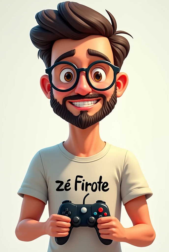 I want a 
one cartoon form man with 35 year with small beard with glasses with a video game controller in his hand and wearing a t-shirt with Zé Firote written on it.