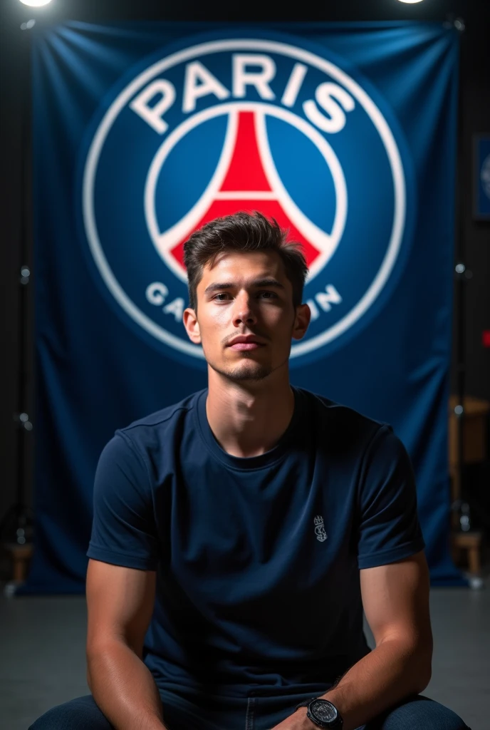 The young man wearing a dark blue t shirt sitting on a chair  looking straight to the camera with cinematic YouTube studio with real Paris Saint Germany 
football flag, 