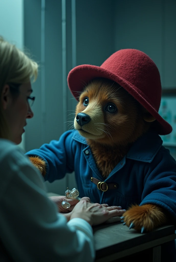 The camera shows Paddington's terrified expression as the woman begins to work, his face illuminated by the cold light of the laboratory.
