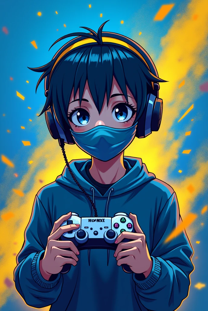 BLUE AND YELLOW BIJILI KA SATH (1v GAMER) LIKHA HONA CHAHIYE same image pa blue and yellow ka jaga para (1v GAMER) LIKHA HONA CHAHIYE yahi photo ma ka larka jo anime ho jo gaming earphone or mask or hata ma game control liya ho