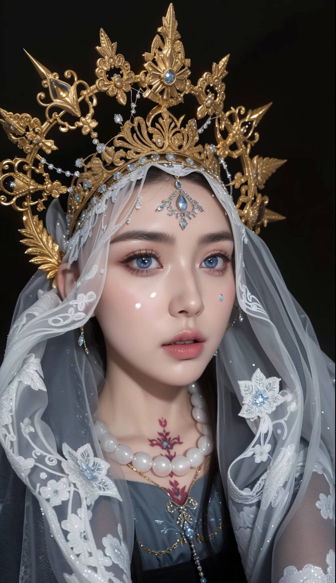Royal sisters,Exquisite eyes,Frozen Queen,Put the crown on your head,Detailed facial expressions body,Tall and big,Glamorous characters,Leg length,4K,HD,Sensual,White translucent lace,白皙full image,Little cherry mouth,Beautiful and lovely,full image,Glossy Gel Coat,Vampire Queen in luxurious robes,Have a tattoo(Intricate tattoo designs),Ice Princess,Rich facial details,Angel,Eyes are blue(Pupils as deep as the starry sky),Silk printed clothes,Gold Jewelry,Wearing a wedding headdress