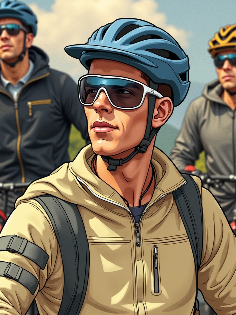 
Cool cyclist, 2 man wearing a helmet , Blue helmet, mirror glass , cartoon, Realistic photography, high quality, There is a mountain landscape around the boy , There is a mountain bike nearby. The boy&#39;s clothing is a tracksuit with fall protection , knee pads , gloves. Disney style. Recognizable face from the hint 
