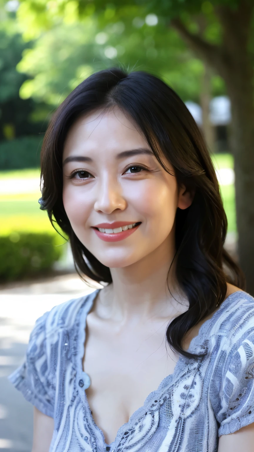 最high quality, In 8K, Masseter region, Real, Sharp focus, high quality, High resolution, Detailed face, Detailed eyes, Thick lips, Background Blur, alone, Middle-aged women, , 5, , Wavy Hair, Cleavage, Wearing a plain short-sleeved knit, Afternoon in front of the park garden, Wrinkles around the eyes, Smiling with teeth showing