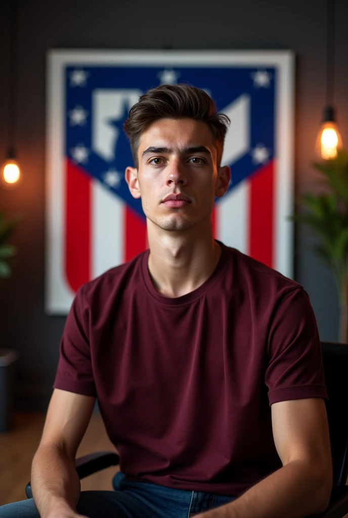 The young man wearing a dark red t shirt sitting on a chair  looking straight to the camera with cinematic YouTube studio with real Athletico Madrid 
football flag, 