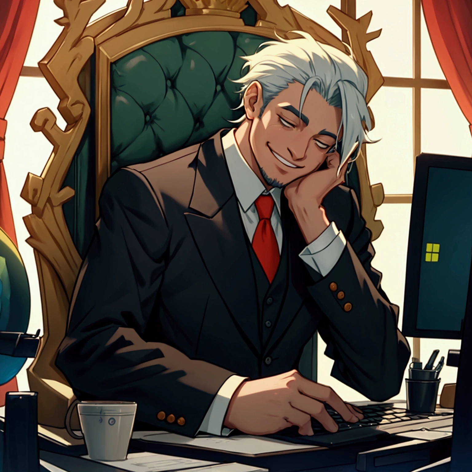 2D animation a man in a suit sitting on a throne smiling wickedly while a worker works on the computer in front of him totally exhausted and sad