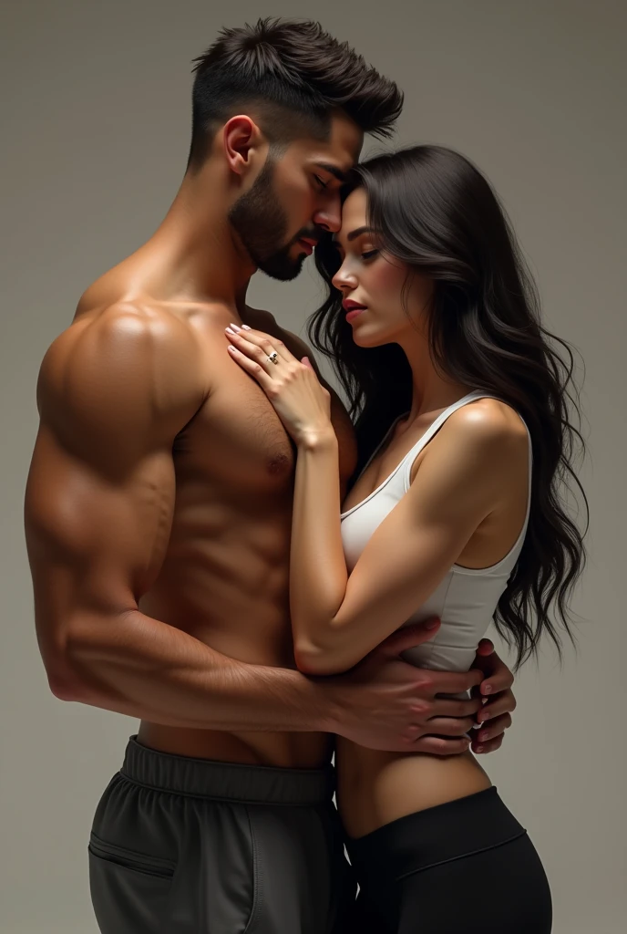 a light brown man, tall and slim, not muscular, in sportswear hugging a white woman with black hair, medium and long, body of someone who goes to the gym. Both beautiful.