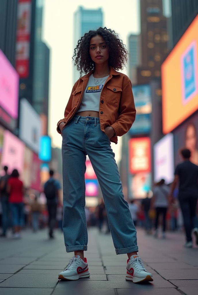 Branded causal sneakers with logo up side Mount Era with indian girl in front of time square
