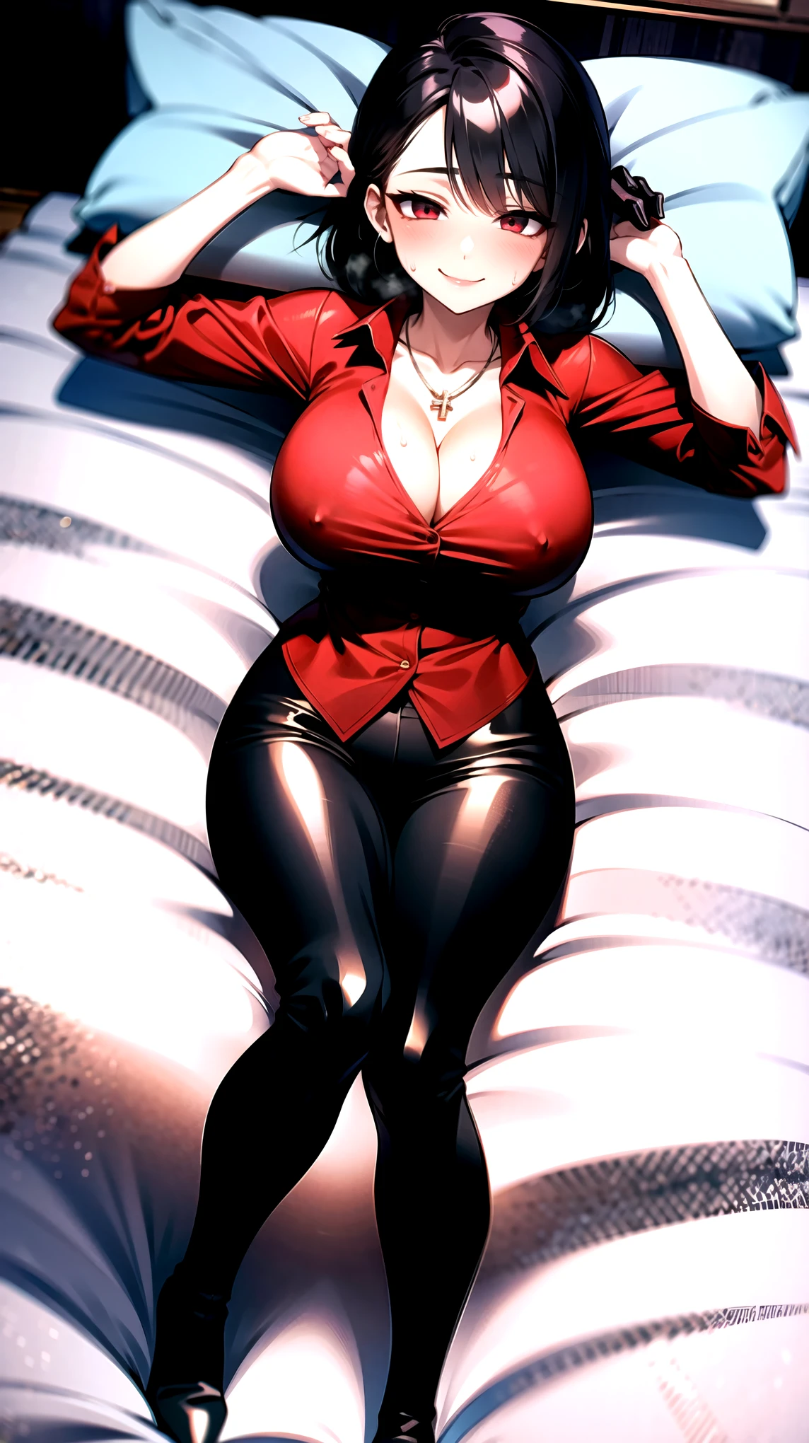 （（super high quality,））（（Ultra-high resolution,））（16K,）（super masterpiece,）（（Ultra HD ,））（Detailed shading,）Full body photo,One sexy mature woman,（（Red collared shirt,popped Tight collar,））Folded sleeves,Black long gloves,（Glossy black pants, Black long boots,）Black hair straight short,Sharp Eyes,blush,Sexy smile,Cleavage,Cross Necklace,（（Lying in bed,））Put your hands on your head,Body covered in sweat,