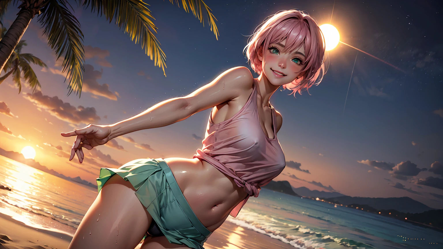 realistic, 1girl, pink hair, green eyes, glowing eyes, see through tank top, mini skirt, big smile, blush, shy,  night, beach, sun, sunlight, camel toe, wet, beautiful girl, 