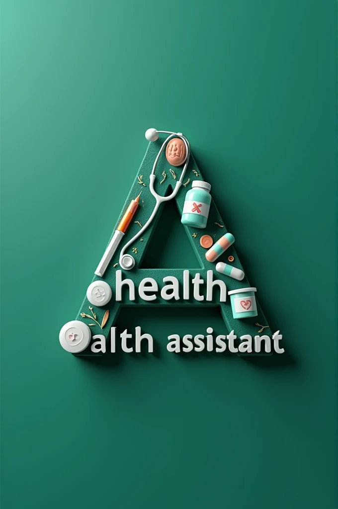 A 3D render of a logo with the text "Health istant ( हेल्थ असिस्टेन्ट)" on bold. There's an illustrated Doctor Equipments above their arround. The equipments has a filament that forms the letter "A" in "Assant". The background should be plain with dark green.