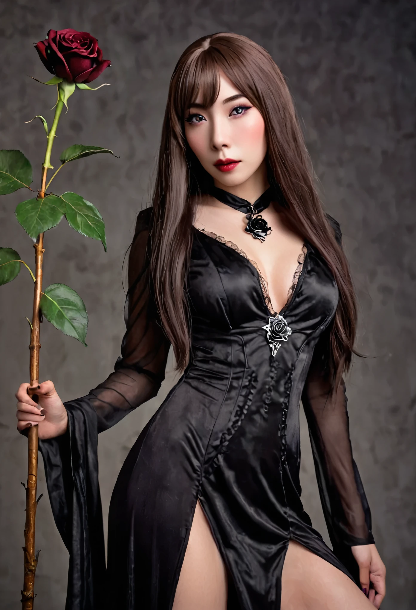 a cute Yuna in cosplay as Morticia Adams, beautiful detailed eyes, beautiful detailed lips, extremely detailed eyes and face, long eyelashes, slinky black dress, deep v down middle, deep thigh slits, sultry pose, holding a black rose, 8k, best quality, high resolution, masterpiece, ultra-detailed, realistic, photorealistic, HDR, studio lighting, extreme detail description, vivid colors, dark gothic, chiaroscuro lighting, moody atmosphere, dramatic lighting