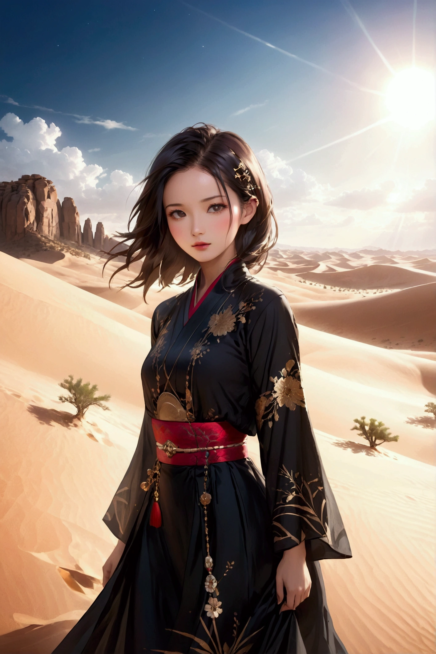 A beautiful oriental woman in the desert and around her are jinns