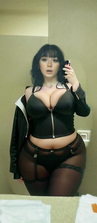 arafed woman taking a selfie in a mirror with a cell phone, with pale skin, she looks like a mix of grimes, goth girl aesthetic, 1 goth girl, looks like a mix of grimes, goth aesthetic, pale goth beauty, looks a blend of grimes, very very very pale white skin, resembling a mix of grimes, Big , huge , no clothes, sexy, cute, wide hips, thick thighs, pear-shaped body, minimal clothes, thick, bbw, chubby stomach, thick nipples, nipple piercings, large areola, hard nipples, piercing through shirt, nipples hard through shirt, busty, major cleavage, naked, ripping through top, spilling over sides, bra too tight, giant , dominatrix, dominatrix clothes, revealing clothes, ass so fat you can see it from the front
