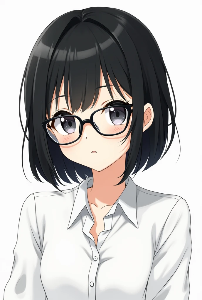 Anime girl with black hair and white skin color with glasses and white shirt