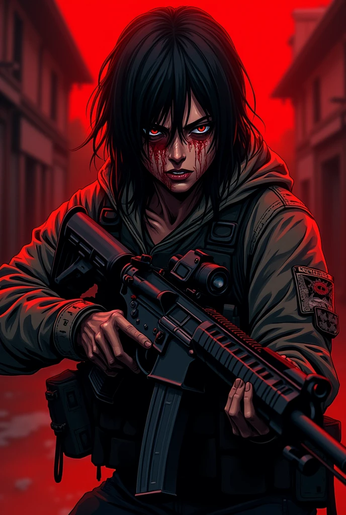 A scary wounded solder holding a m416 and the photo should be like logo of pubg a deadly type in red and blak theam a little closer a little dark in a little anime typea little more frount