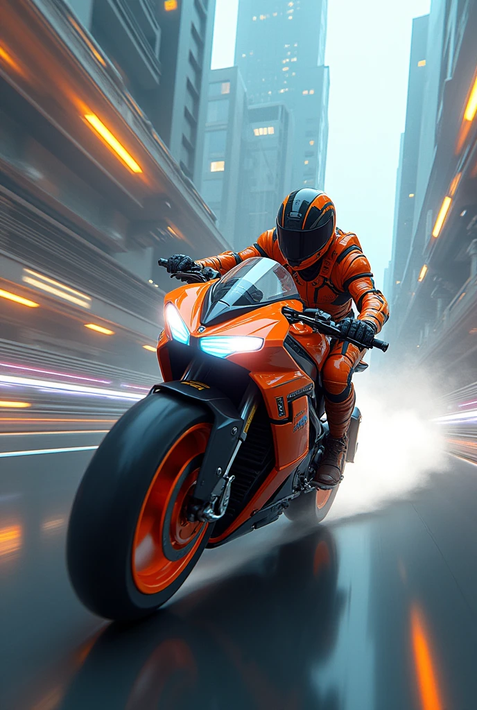 Biker driving his motorcycle at high speed in a brightly colored suit, futuristic hyperrealistic image