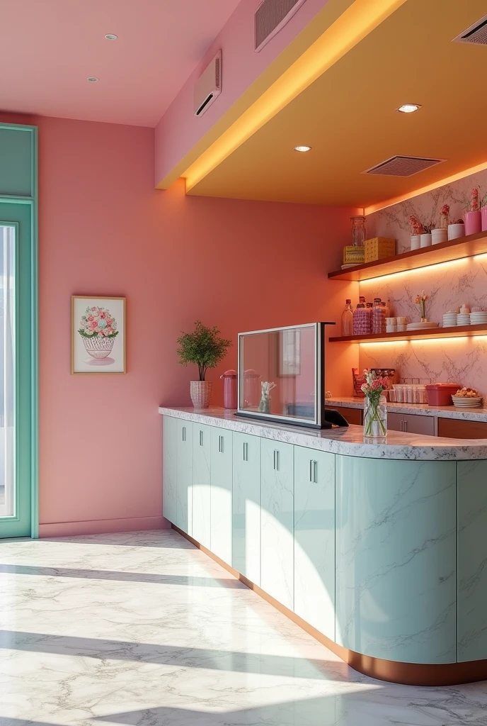 Give me some pictures of the interior of an ice cream shop with the most beautiful color combination. Note that the ice cream parlor countertop is made of light gray marble and that the ceiling should be a different color than the rest of the walls.. Use a color other than sky blue, take into account the light gray. Not pink either. Take into account the yellow color.
